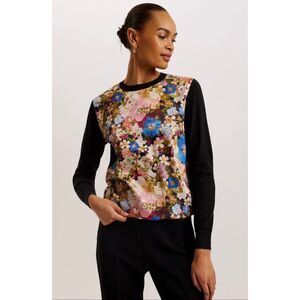 NWOT TED BAKER DELBI PRINTED romantic silk blend light floral SWEATER IN BLACK S